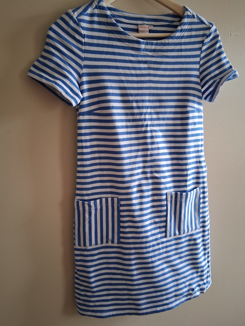 Pwesifor Women’s Blue and White Striped Short-Sleeve Mini Dress with Pockets